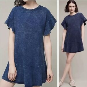ANTHROPOLOGIE SATURDAY SUNDAY ODETTE RUFFLED DARK BLUE DENIM SWEATSHIRT DRESS XS